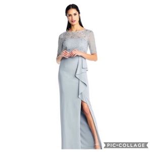 Adrianna Papell elbow length illusion sleeves beaded bodice gown
